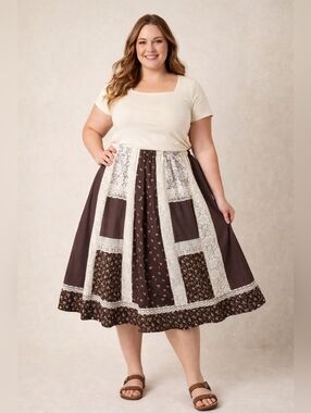 Vintage Brown Patchwork Midi Skirt with Lace Trim